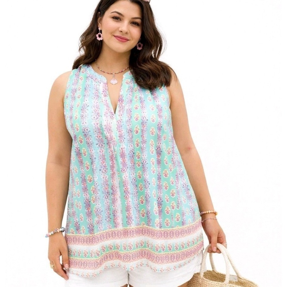 KENAR Size Small Pastel‎ Paisley Sleeveless Lined Pleated Business Casual Blouse